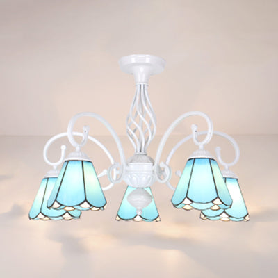 Tiffany Style Semi Flush Mount Light: 3/5-Light White/Blue/Sky Blue Shade for Living Room