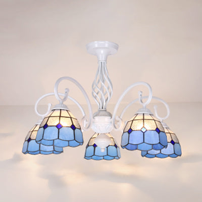 Tiffany Style Semi Flush Mount Light: 3/5-Light White/Blue/Sky Blue Shade for Living Room