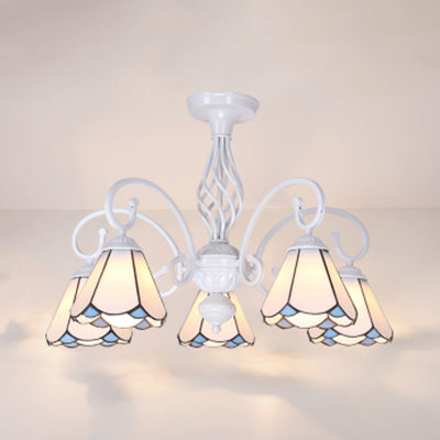 Tiffany Style Semi Flush Mount Light: 3/5-Light White/Blue/Sky Blue Shade for Living Room