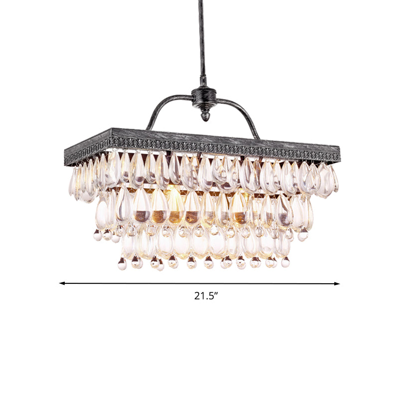 Modern Black Rectangle Island Lighting Fixture With Clear Crystal 4/8 Lights Hanging Lamp