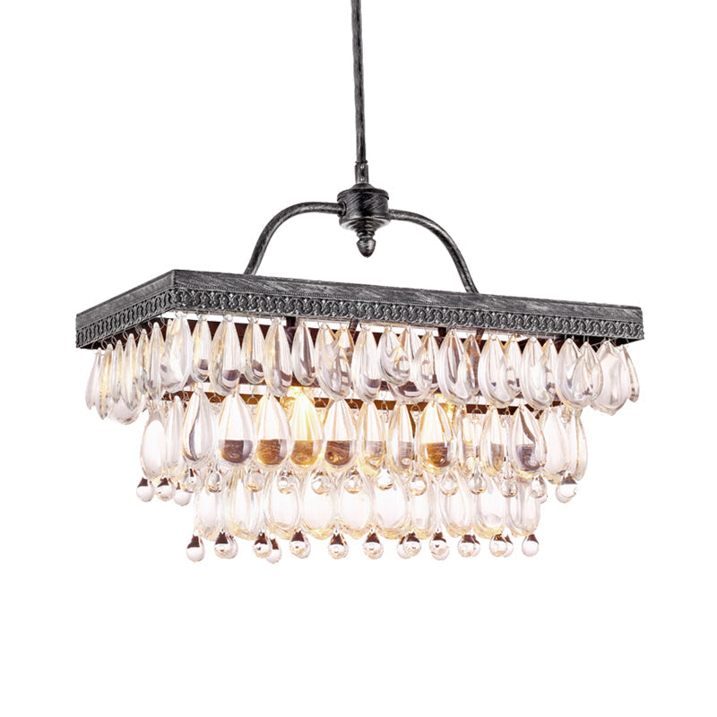 Modern Black Rectangle Island Lighting Fixture With Clear Crystal 4/8 Lights Hanging Lamp