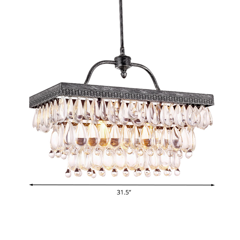 Modern Black Rectangle Island Lighting Fixture With Clear Crystal 4/8 Lights Hanging Lamp