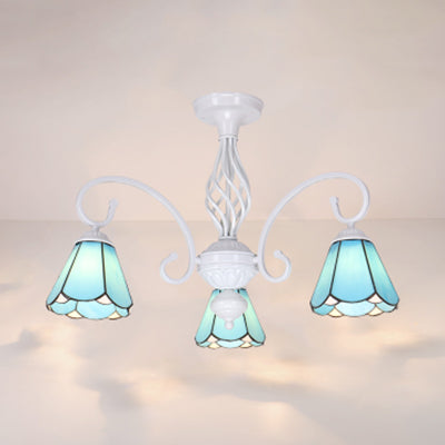 Tiffany Style Semi Flush Mount Light: 3/5-Light White/Blue/Sky Blue Shade for Living Room