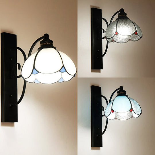 Stained Glass Wall Sconce With Scalloped Design And 3 Lights In White Clear Blue