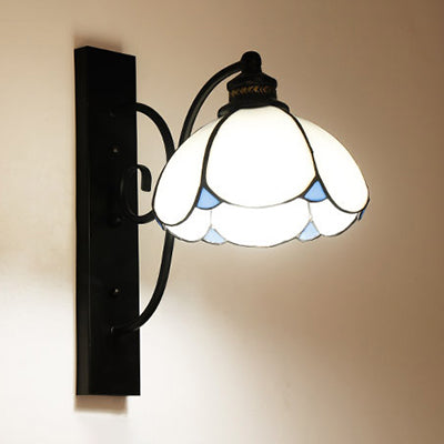 Stained Glass Wall Sconce With Scalloped Design And 3 Lights In White Clear Blue