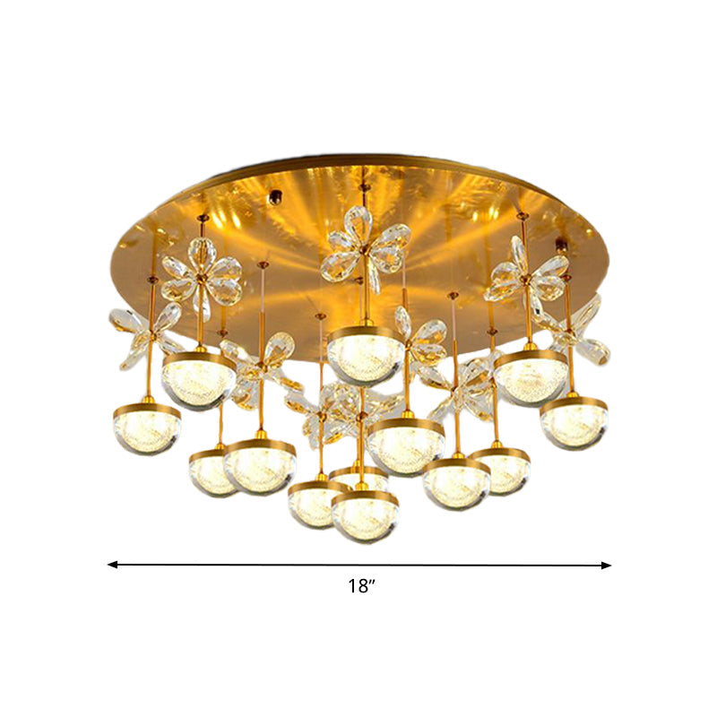 Contemporary Crystal Brass Hemisphere Ceiling Lamp, 9/12 Heads, 18"/23.5" Wide