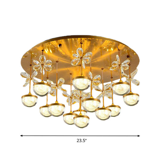 Contemporary Crystal Brass Hemisphere Ceiling Lamp, 9/12 Heads, 18"/23.5" Wide