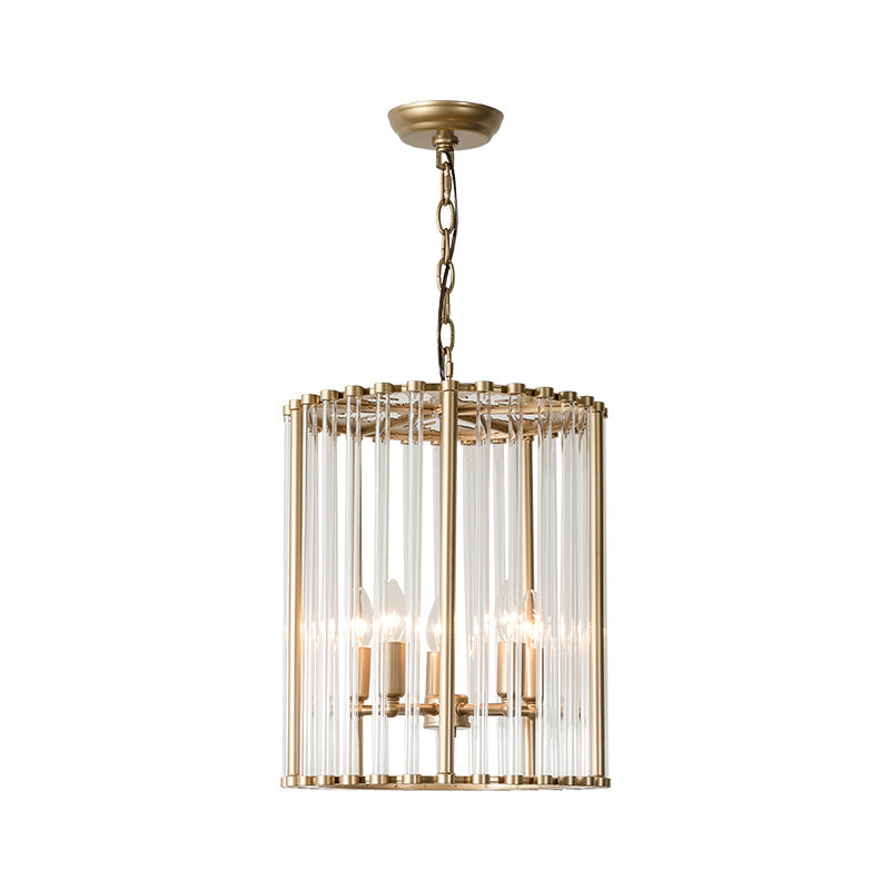 Modernist Crystal Cylinder Chandelier With Brass Pendant Light Fixture - 3/5 Bulbs 10/14 Wide