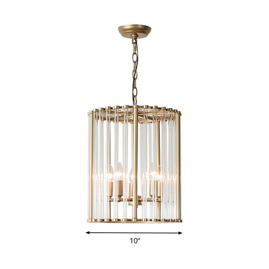 Modernist Crystal Cylinder Chandelier With Brass Pendant Light Fixture - 3/5 Bulbs 10/14 Wide