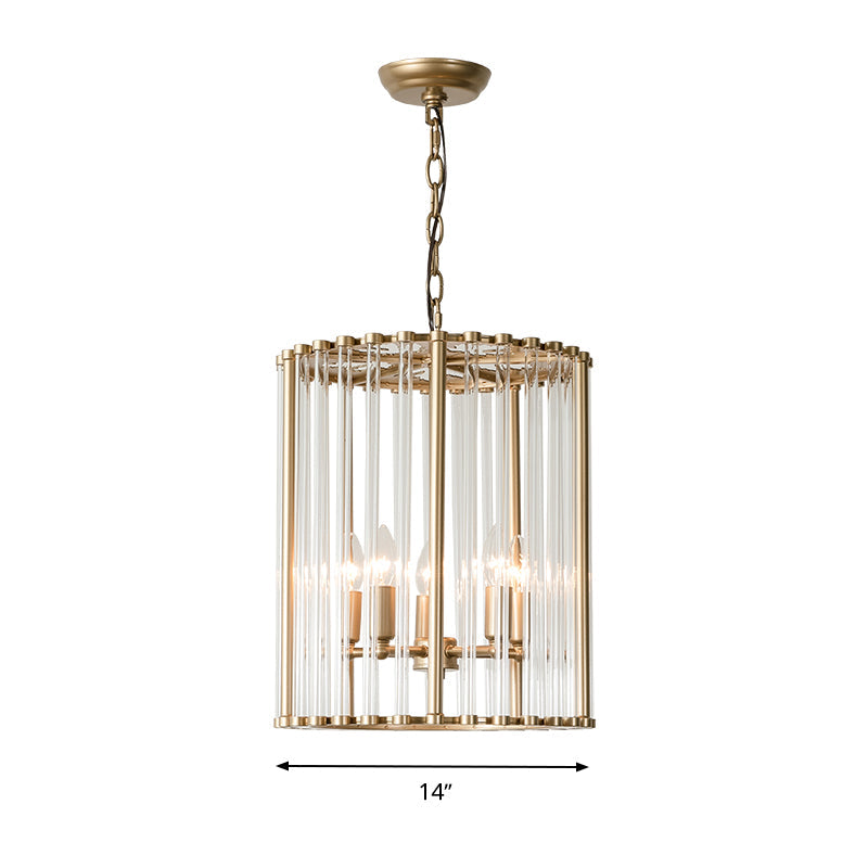 Modernist Crystal Cylinder Chandelier With Brass Pendant Light Fixture - 3/5 Bulbs 10/14 Wide