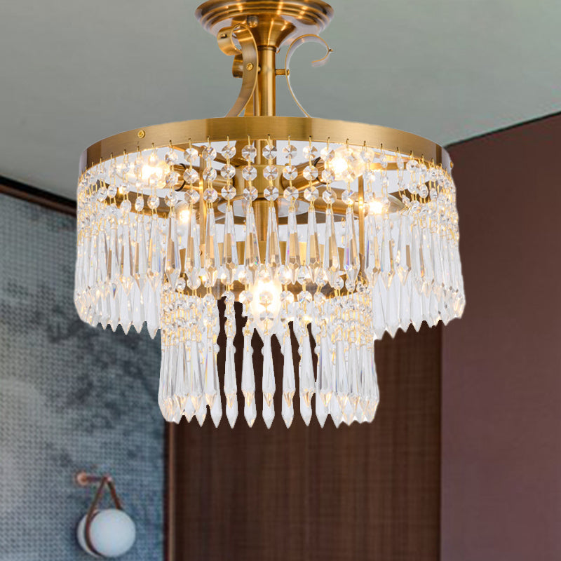 2-Layer Semi Flush Crystal Ceiling Lamp with 6 Bulbs - Modernist Cut, Brushed Brass Finish