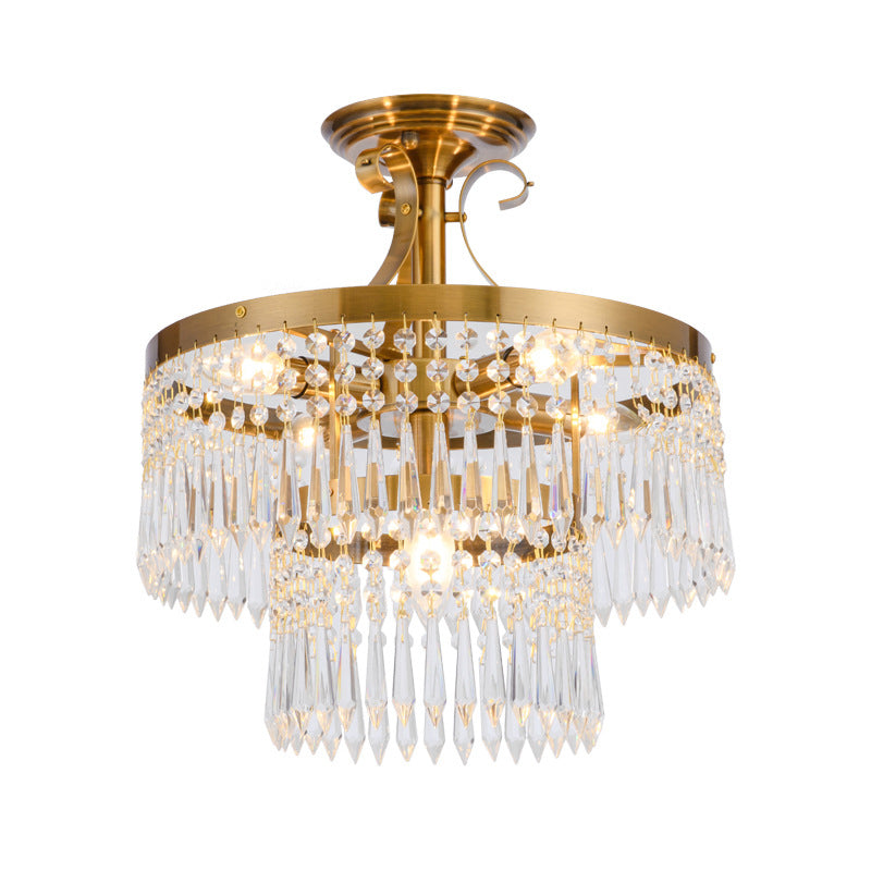 2-Layer Semi Flush Crystal Ceiling Lamp with 6 Bulbs - Modernist Cut, Brushed Brass Finish