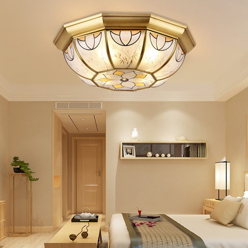 Dining Room Ceiling Light Fixture - 4-Light Flush Mount in Colonial Brass with Frosted Glass