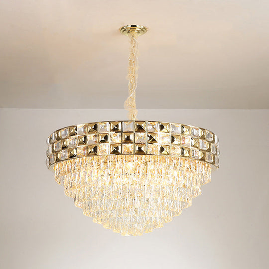 Gold Crystal Block Chandelier Light - Tapered Design With 19 Heads Postmodern Lighting Fixture