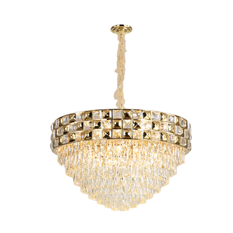 Gold Crystal Block Chandelier Light - Tapered Design With 19 Heads Postmodern Lighting Fixture