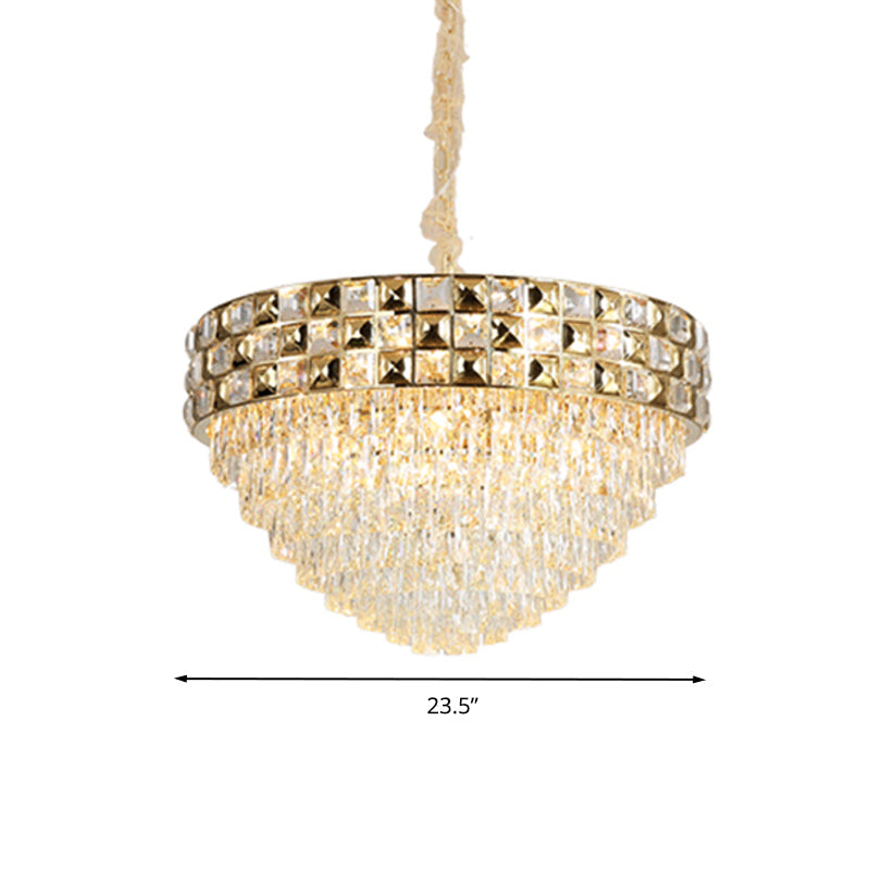 Gold Crystal Block Chandelier Light - Tapered Design With 19 Heads Postmodern Lighting Fixture