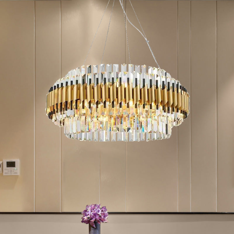 Modern Gold Drum Chandelier With 12 Crystal Rods - Ceiling Pendant Light