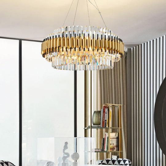 Modern Gold Drum Chandelier With 12 Crystal Rods - Ceiling Pendant Light