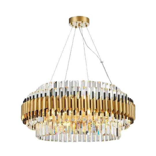 Modern Gold Drum Chandelier With 12 Crystal Rods - Ceiling Pendant Light