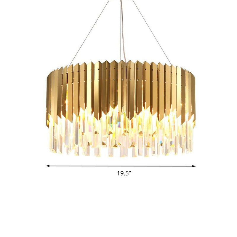 Gold Pendant Chandelier With Tri-Sided Crystal Rod Drum - Postmodern Design 6 Heads Hanging Light