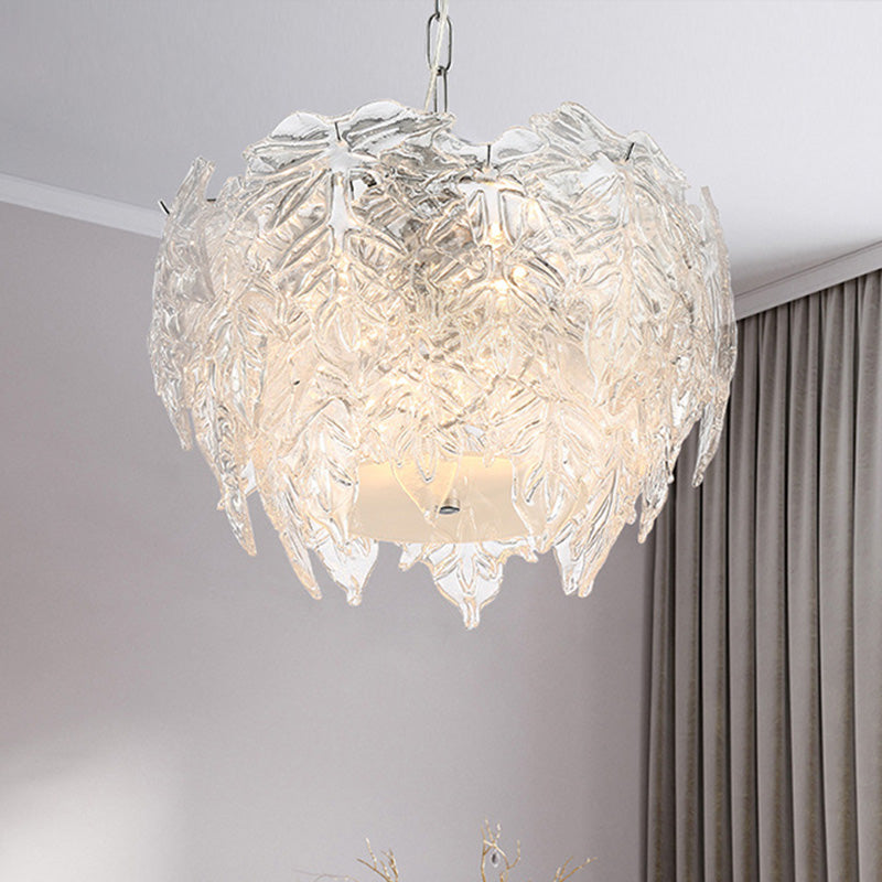 Modern Clear Textured Glass Leaf Pendant Chandelier - 10 Head Bedroom Suspension Lighting