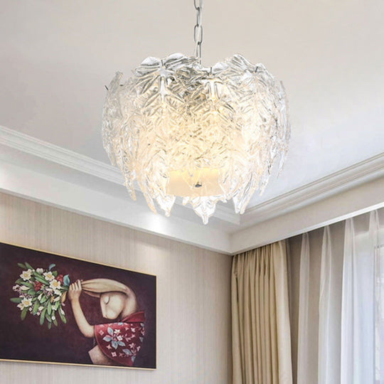 Modern Clear Textured Glass Leaf Pendant Chandelier - 10 Head Bedroom Suspension Lighting