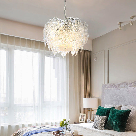 Modern Clear Textured Glass Leaf Pendant Chandelier - 10 Head Bedroom Suspension Lighting