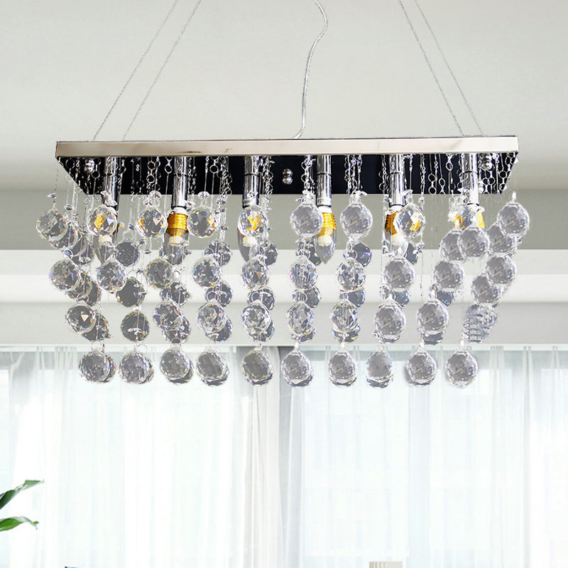 Nickel Rectangle Crystal Ball Chandelier - 6/9 Head Simple Style Hanging Lamp For Dining Room