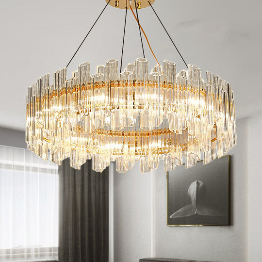 Lustre à tambour en cristal transparent moderne - Élégant plafonnier LED doré à 8/12 lumières - Idéal pour le style du salon