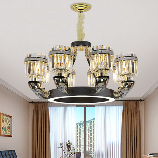 Black Led Beveled Crystal Cylinder Chandelier - Traditional Pendant Lighting For Bedroom