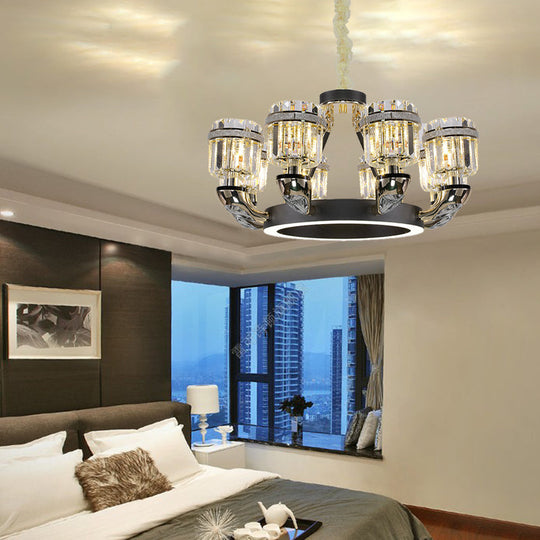 Black Led Beveled Crystal Cylinder Chandelier - Traditional Pendant Lighting For Bedroom