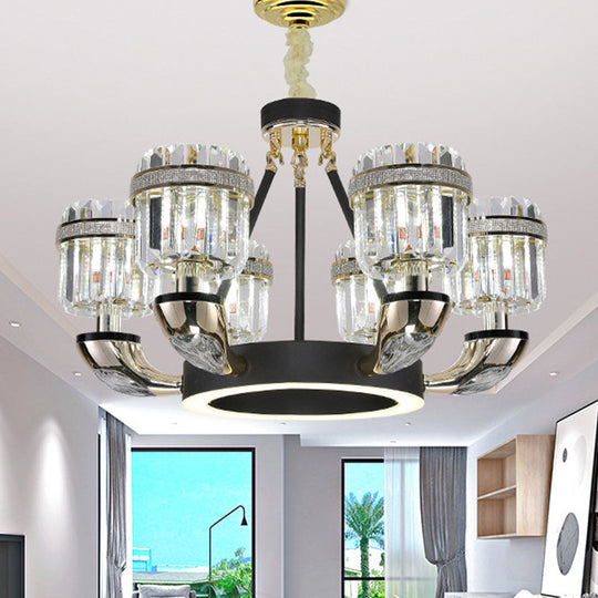 Black Led Beveled Crystal Cylinder Chandelier - Traditional Pendant Lighting For Bedroom