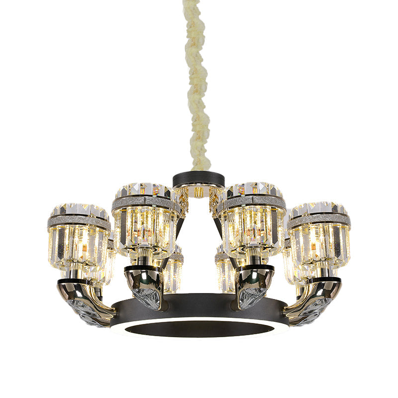 Black Led Beveled Crystal Cylinder Chandelier - Traditional Pendant Lighting For Bedroom