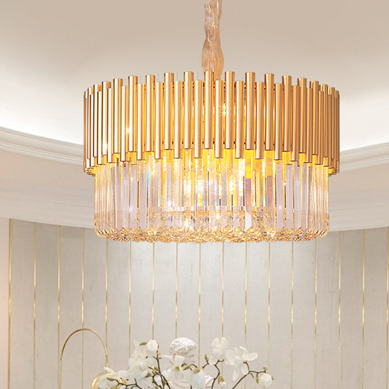 Modern Gold Drum Chandelier With Beveled Glass Crystal And Led Lights - Ideal For Restaurants