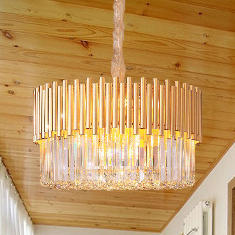 Lustre moderne à 8 têtes en forme de tambour doré : suspension LED en cristal de verre biseauté pour restaurants