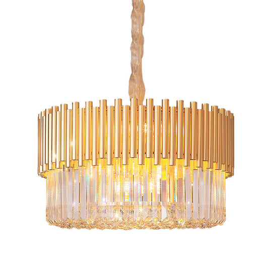 Lustre moderne à 8 têtes en forme de tambour doré : suspension LED en cristal de verre biseauté pour restaurants