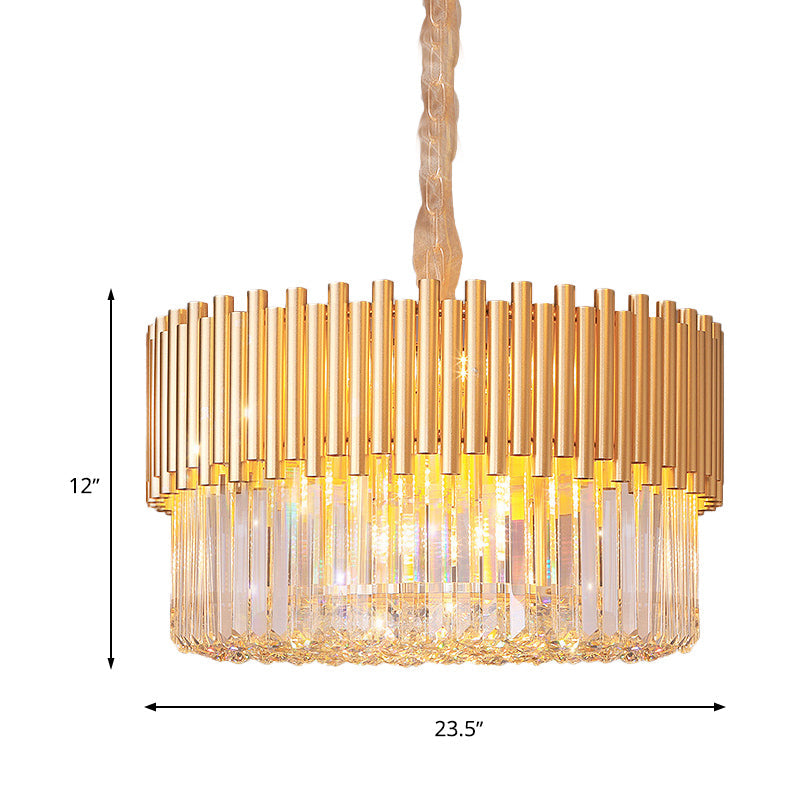 Lustre moderne à 8 têtes en forme de tambour doré : suspension LED en cristal de verre biseauté pour restaurants