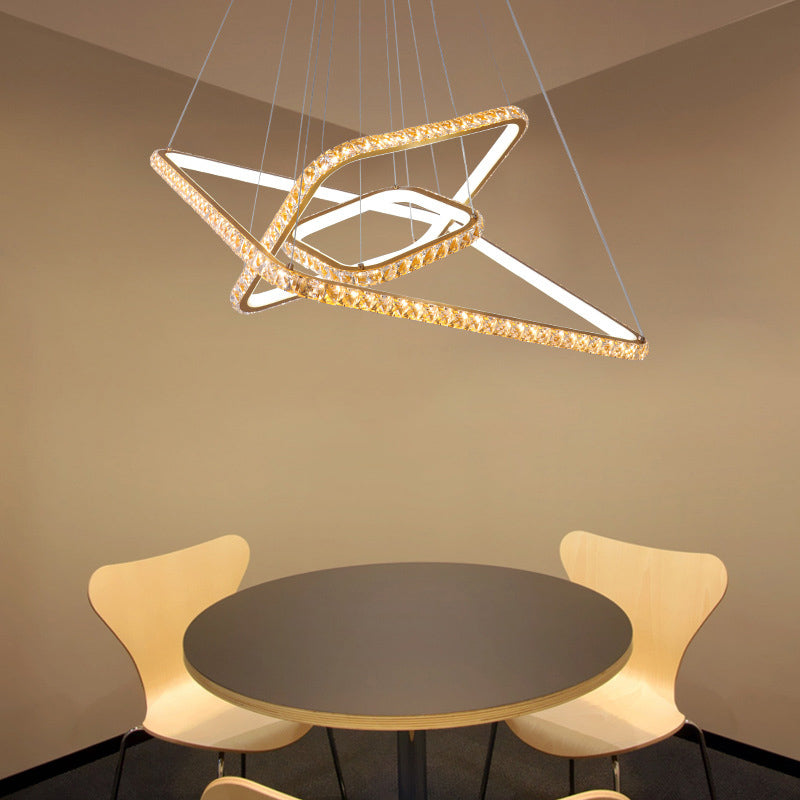 Lustre doré à 3 niveaux moderniste avec pendentif LED en cristal transparent - Éclairage de restaurant en 3 couleurs