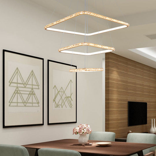 Lustre doré à 3 niveaux moderniste avec pendentif LED en cristal transparent - Éclairage de restaurant en 3 couleurs