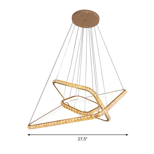 Lustre doré à 3 niveaux moderniste avec pendentif LED en cristal transparent - Éclairage de restaurant en 3 couleurs