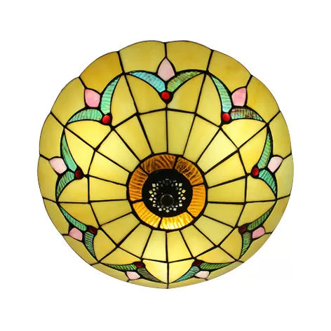 Yellow Tiffany Style Ceiling Light: Bedroom Flushmount Art Glass Bowl Shade