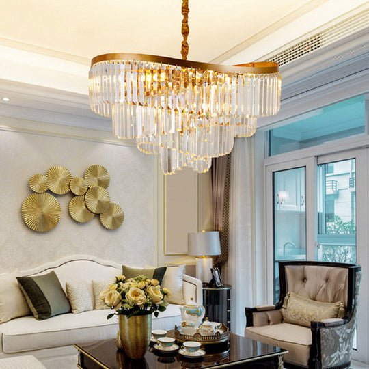 Modern Gold 10-Head Tiered LED  Crystal Pendant Chandelier Light for Living Room