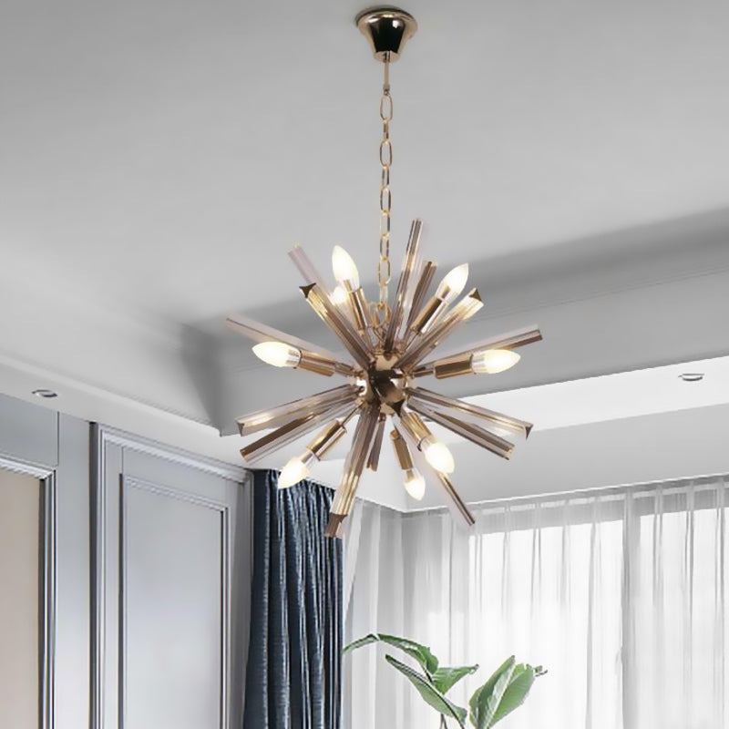 9-Bulb Living Room Chandelier Lighting Modern Brass Pendant Light Fixture with Starburst Beveled Crystal Shade