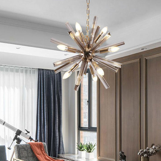 9-Bulb Living Room Chandelier Lighting Modern Brass Pendant Light Fixture with Starburst Beveled Crystal Shade