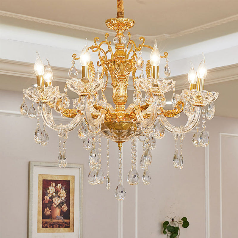 Modern Gold Candelabra Chandelier Light - 8 Heads Metal Pendant Lighting With Dangling Crystal