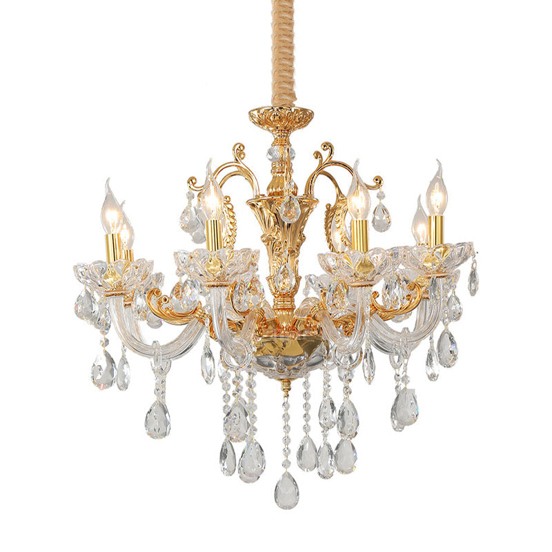 Lustre candélabre moderne en or avec accents en cristal - 8 têtes de suspension en métal