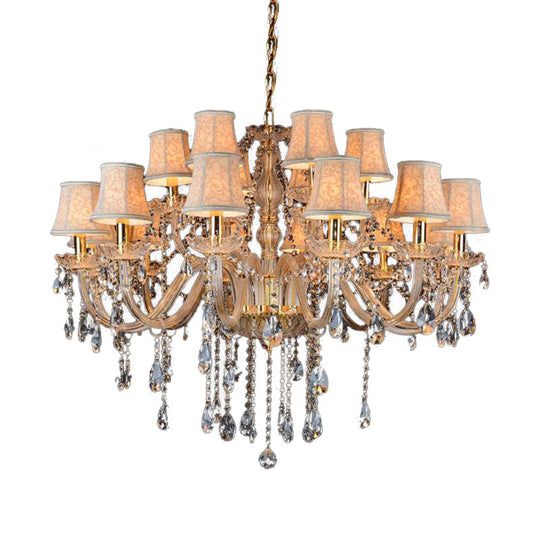 Rustic Clear Crystal Pendant Chandelier: 6/8/10 Heads Beige Hanging Ceiling Light With Fabric Shade