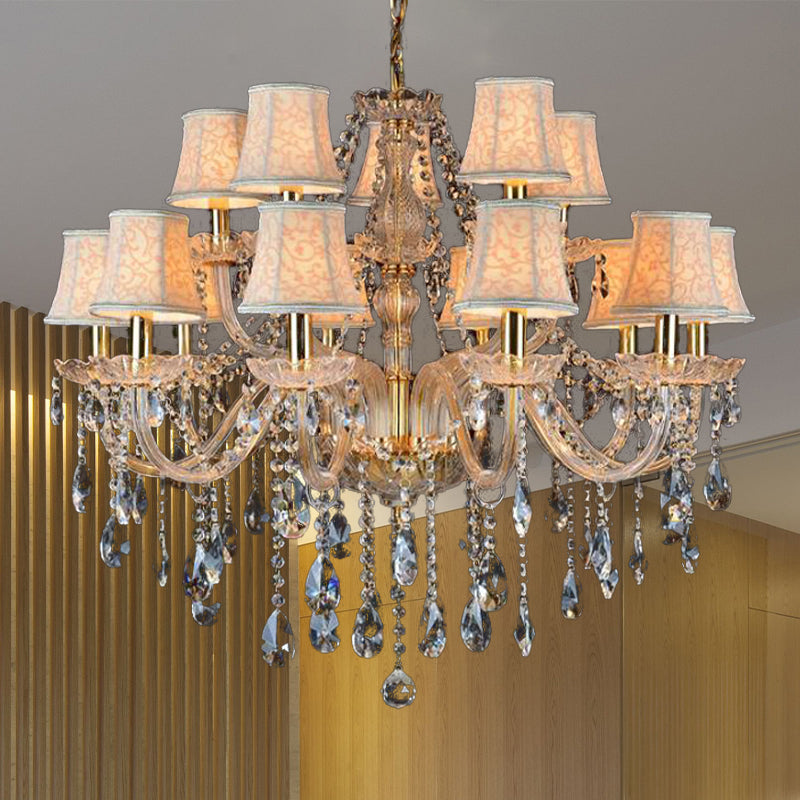 Rustic Clear Crystal Pendant Chandelier: 6/8/10 Heads Beige Hanging Ceiling Light With Fabric Shade