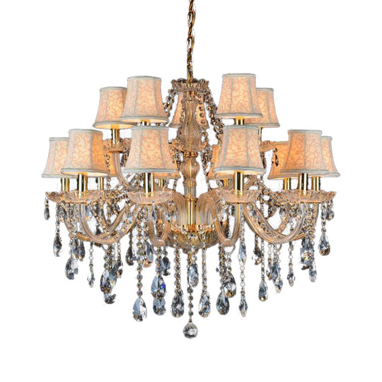 Rustic Clear Crystal Pendant Chandelier: 6/8/10 Heads Beige Hanging Ceiling Light With Fabric Shade