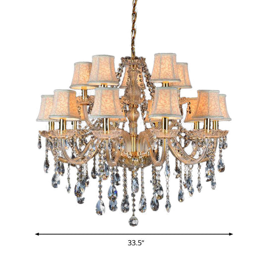 Rustic Clear Crystal Pendant Chandelier: 6/8/10 Heads Beige Hanging Ceiling Light With Fabric Shade